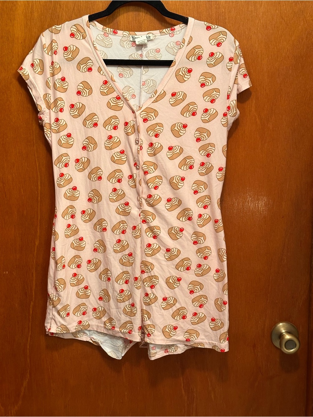 Light Pink Button-Down V-Neck sleep onesie with Dessert Roll Print